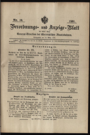 Verordnungs- und Anzeige-Blatt der k.k. General-Direction der österr. Staatsbahnen 18910314 Seite: 1