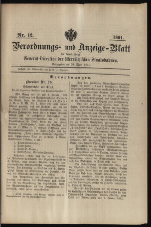 Verordnungs- und Anzeige-Blatt der k.k. General-Direction der österr. Staatsbahnen 18910328 Seite: 1