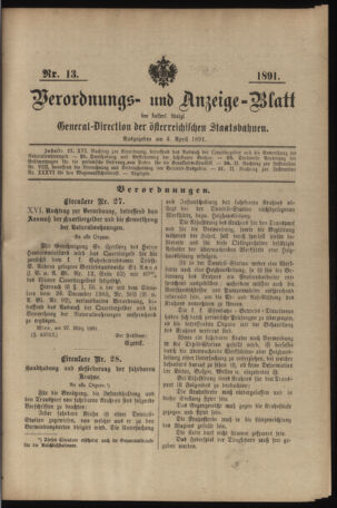 Verordnungs- und Anzeige-Blatt der k.k. General-Direction der österr. Staatsbahnen 18910404 Seite: 1