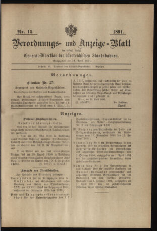 Verordnungs- und Anzeige-Blatt der k.k. General-Direction der österr. Staatsbahnen 18910418 Seite: 1