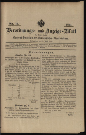 Verordnungs- und Anzeige-Blatt der k.k. General-Direction der österr. Staatsbahnen 18910425 Seite: 1