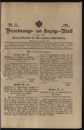 Verordnungs- und Anzeige-Blatt der k.k. General-Direction der österr. Staatsbahnen 18910509 Seite: 1