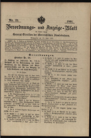 Verordnungs- und Anzeige-Blatt der k.k. General-Direction der österr. Staatsbahnen 18910613 Seite: 1