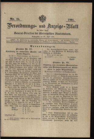 Verordnungs- und Anzeige-Blatt der k.k. General-Direction der österr. Staatsbahnen 18910627 Seite: 1