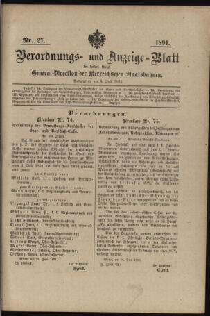 Verordnungs- und Anzeige-Blatt der k.k. General-Direction der österr. Staatsbahnen 18910704 Seite: 1