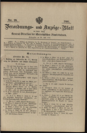 Verordnungs- und Anzeige-Blatt der k.k. General-Direction der österr. Staatsbahnen 18910725 Seite: 1