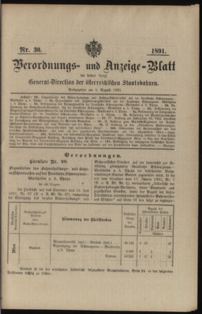 Verordnungs- und Anzeige-Blatt der k.k. General-Direction der österr. Staatsbahnen 18910801 Seite: 1