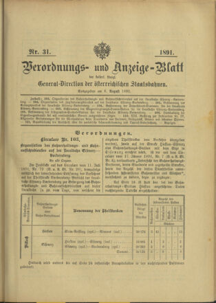 Verordnungs- und Anzeige-Blatt der k.k. General-Direction der österr. Staatsbahnen 18910808 Seite: 1