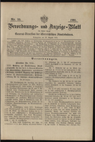 Verordnungs- und Anzeige-Blatt der k.k. General-Direction der österr. Staatsbahnen 18910822 Seite: 1