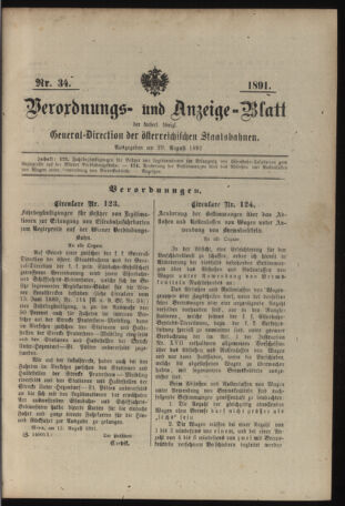 Verordnungs- und Anzeige-Blatt der k.k. General-Direction der österr. Staatsbahnen 18910829 Seite: 1