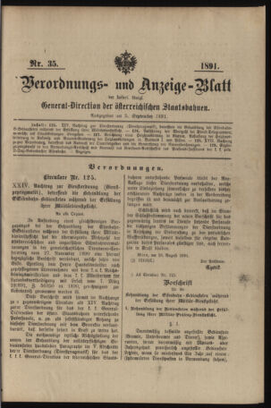 Verordnungs- und Anzeige-Blatt der k.k. General-Direction der österr. Staatsbahnen 18910905 Seite: 1