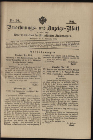 Verordnungs- und Anzeige-Blatt der k.k. General-Direction der österr. Staatsbahnen 18910919 Seite: 1