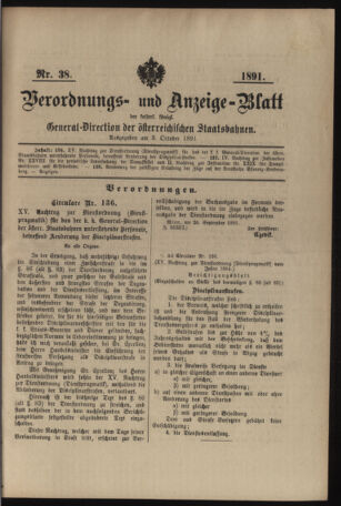 Verordnungs- und Anzeige-Blatt der k.k. General-Direction der österr. Staatsbahnen 18911003 Seite: 1