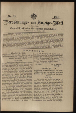 Verordnungs- und Anzeige-Blatt der k.k. General-Direction der österr. Staatsbahnen 18911017 Seite: 1