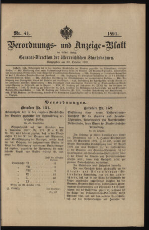 Verordnungs- und Anzeige-Blatt der k.k. General-Direction der österr. Staatsbahnen 18911030 Seite: 1