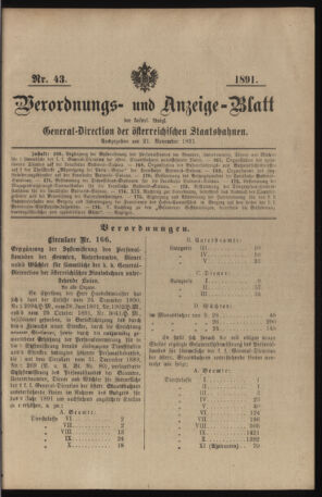 Verordnungs- und Anzeige-Blatt der k.k. General-Direction der österr. Staatsbahnen 18911121 Seite: 1