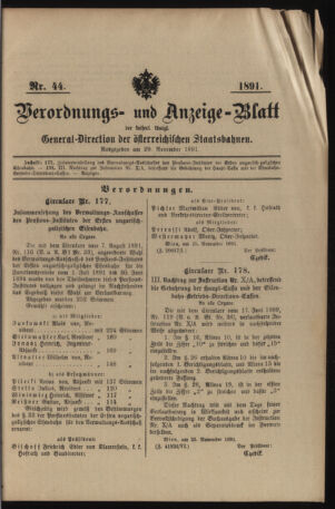 Verordnungs- und Anzeige-Blatt der k.k. General-Direction der österr. Staatsbahnen 18911129 Seite: 1