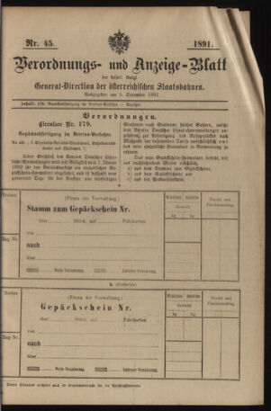 Verordnungs- und Anzeige-Blatt der k.k. General-Direction der österr. Staatsbahnen 18911205 Seite: 1