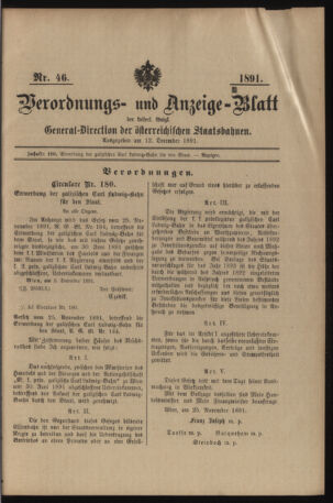 Verordnungs- und Anzeige-Blatt der k.k. General-Direction der österr. Staatsbahnen 18911212 Seite: 1