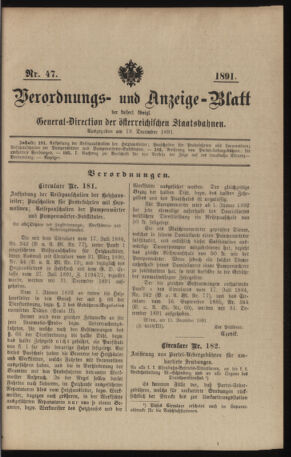 Verordnungs- und Anzeige-Blatt der k.k. General-Direction der österr. Staatsbahnen 18911219 Seite: 1