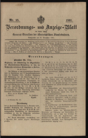 Verordnungs- und Anzeige-Blatt der k.k. General-Direction der österr. Staatsbahnen 18911231 Seite: 1