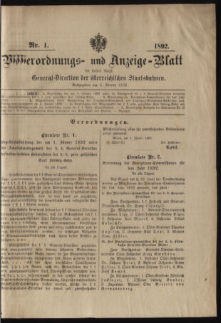 Verordnungs- und Anzeige-Blatt der k.k. General-Direction der österr. Staatsbahnen 18920106 Seite: 1