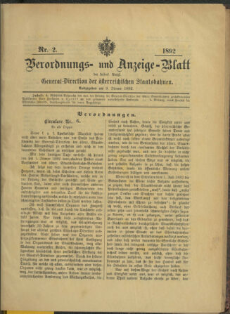 Verordnungs- und Anzeige-Blatt der k.k. General-Direction der österr. Staatsbahnen 18920109 Seite: 1