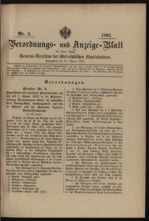 Verordnungs- und Anzeige-Blatt der k.k. General-Direction der österr. Staatsbahnen 18920110 Seite: 1