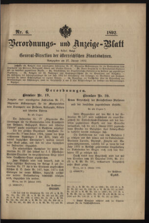 Verordnungs- und Anzeige-Blatt der k.k. General-Direction der österr. Staatsbahnen 18920127 Seite: 1