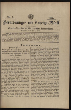 Verordnungs- und Anzeige-Blatt der k.k. General-Direction der österr. Staatsbahnen 18920208 Seite: 1