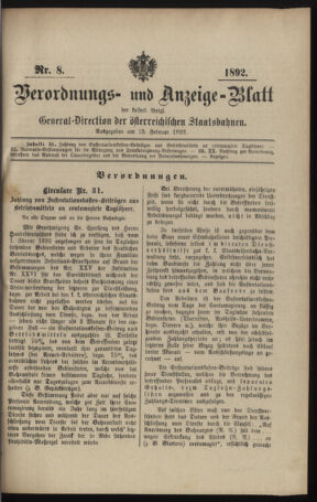 Verordnungs- und Anzeige-Blatt der k.k. General-Direction der österr. Staatsbahnen 18920215 Seite: 1