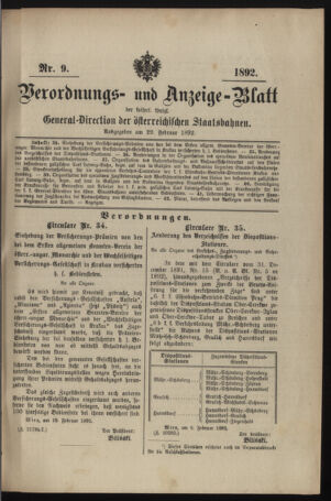 Verordnungs- und Anzeige-Blatt der k.k. General-Direction der österr. Staatsbahnen 18920229 Seite: 1