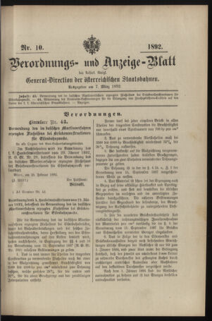 Verordnungs- und Anzeige-Blatt der k.k. General-Direction der österr. Staatsbahnen 18920307 Seite: 1