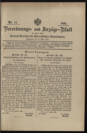 Verordnungs- und Anzeige-Blatt der k.k. General-Direction der österr. Staatsbahnen 18920315 Seite: 1