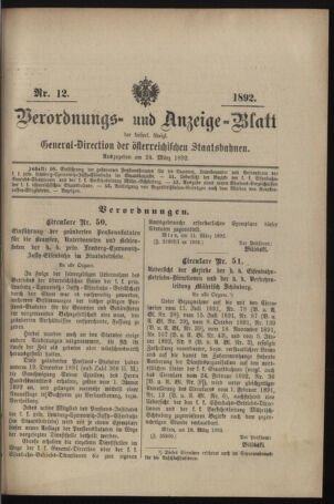 Verordnungs- und Anzeige-Blatt der k.k. General-Direction der österr. Staatsbahnen 18920324 Seite: 1