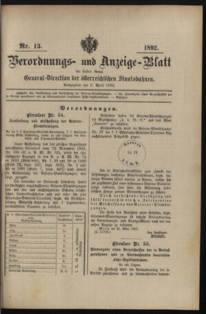 Verordnungs- und Anzeige-Blatt der k.k. General-Direction der österr. Staatsbahnen 18920402 Seite: 1