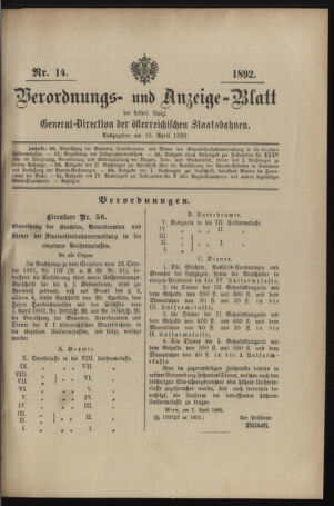 Verordnungs- und Anzeige-Blatt der k.k. General-Direction der österr. Staatsbahnen 18920416 Seite: 1