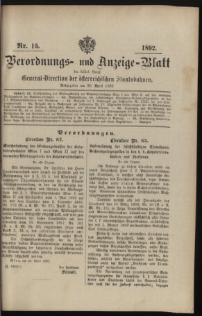 Verordnungs- und Anzeige-Blatt der k.k. General-Direction der österr. Staatsbahnen 18920430 Seite: 1