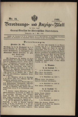 Verordnungs- und Anzeige-Blatt der k.k. General-Direction der österr. Staatsbahnen 18920507 Seite: 1