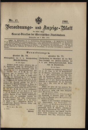 Verordnungs- und Anzeige-Blatt der k.k. General-Direction der österr. Staatsbahnen 18920509 Seite: 1