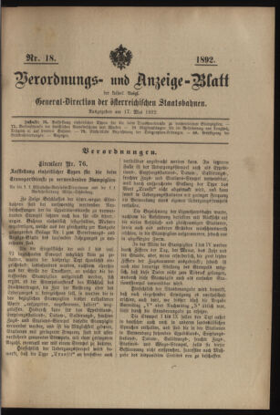 Verordnungs- und Anzeige-Blatt der k.k. General-Direction der österr. Staatsbahnen 18920517 Seite: 1