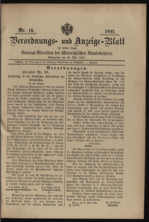 Verordnungs- und Anzeige-Blatt der k.k. General-Direction der österr. Staatsbahnen 18920523 Seite: 1