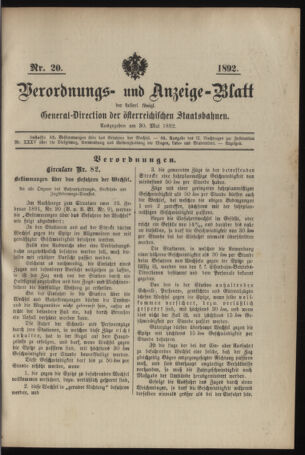 Verordnungs- und Anzeige-Blatt der k.k. General-Direction der österr. Staatsbahnen 18920530 Seite: 1