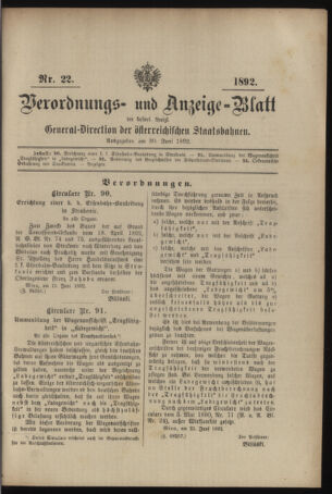 Verordnungs- und Anzeige-Blatt der k.k. General-Direction der österr. Staatsbahnen 18920630 Seite: 1