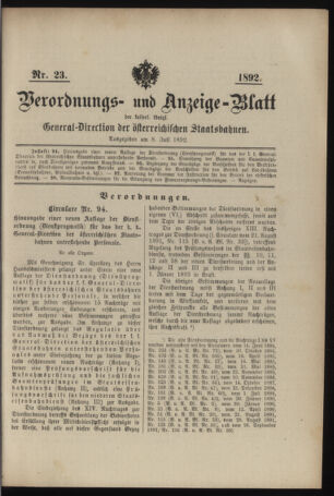 Verordnungs- und Anzeige-Blatt der k.k. General-Direction der österr. Staatsbahnen 18920708 Seite: 1