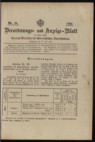 Verordnungs- und Anzeige-Blatt der k.k. General-Direction der österr. Staatsbahnen 18920723 Seite: 1