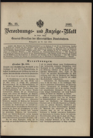 Verordnungs- und Anzeige-Blatt der k.k. General-Direction der österr. Staatsbahnen 18920730 Seite: 1