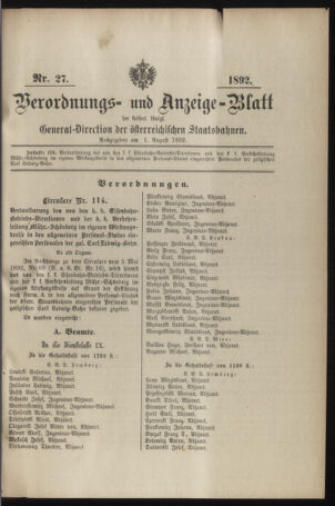 Verordnungs- und Anzeige-Blatt der k.k. General-Direction der österr. Staatsbahnen 18920801 Seite: 1