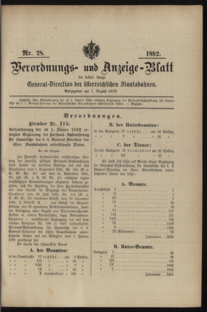 Verordnungs- und Anzeige-Blatt der k.k. General-Direction der österr. Staatsbahnen 18920807 Seite: 1