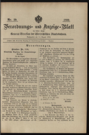 Verordnungs- und Anzeige-Blatt der k.k. General-Direction der österr. Staatsbahnen 18920811 Seite: 1